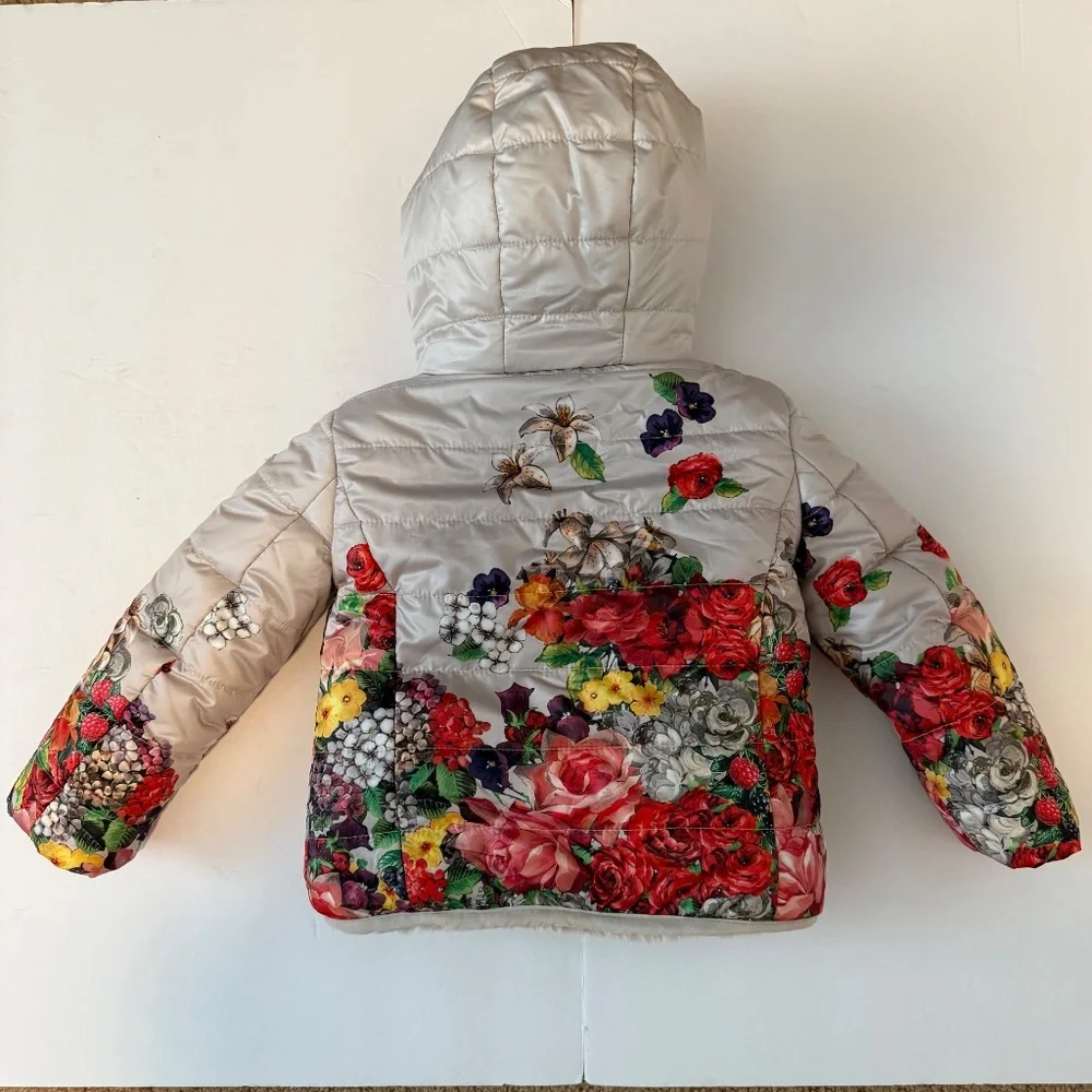 Monna Lisa Girls‎ Reversible Floral Faux Fur Puffer Jacket Hood Size 3